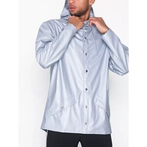 Rains Unisex Pale Blue Front Snap Midline Drawstring Hooded Rain Jacket S / M